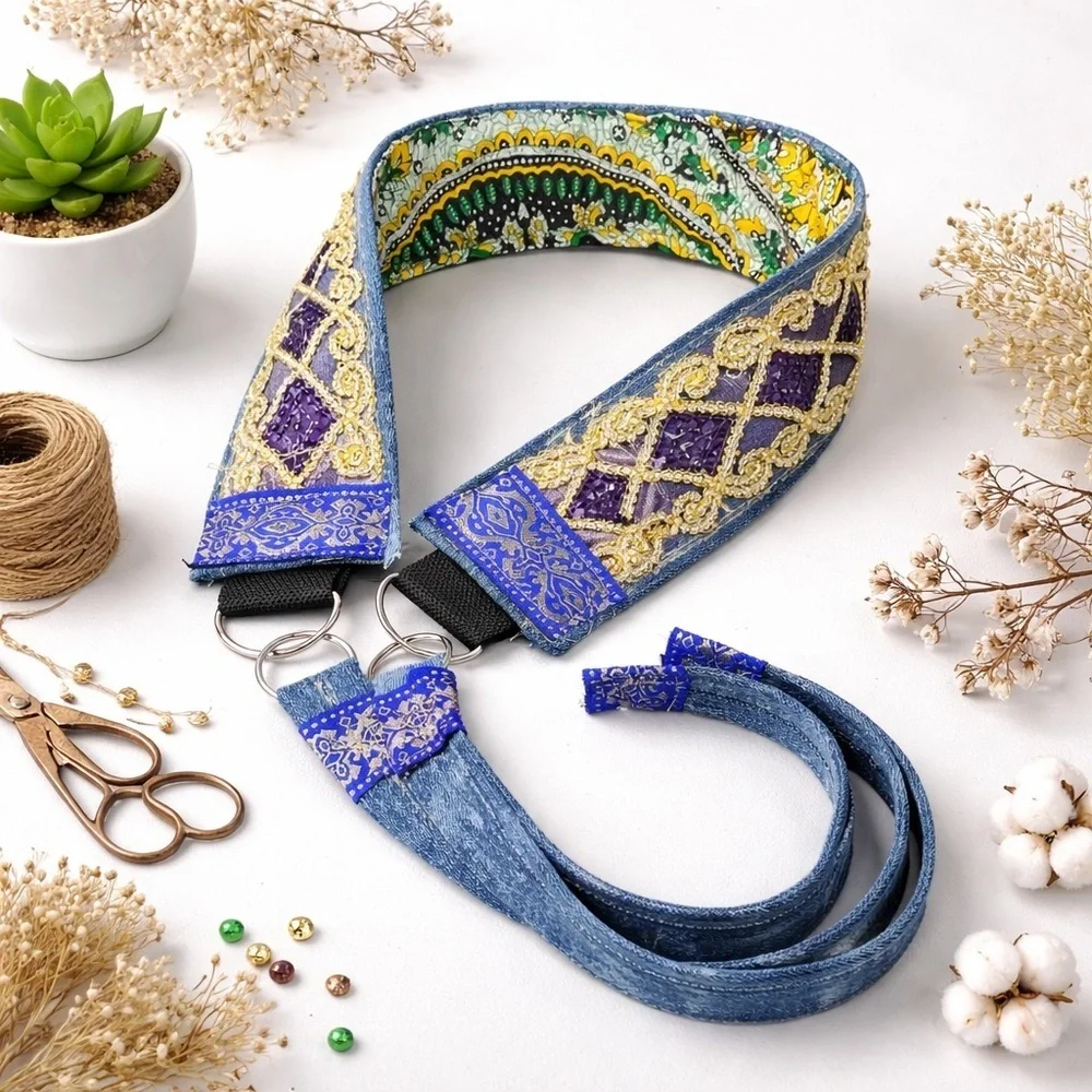 Artisan Denim Belt Handmade OOAK Boho Gold & Purple Sequin 3’ Wide Signed 30-36